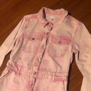 Topshop Pink Denim Long Sleeve Jumpsuit